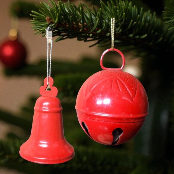 Vintage Bell Ornaments Bundle of 2 - Red Metal - Jingle - Christmas Bells - Picture 1 of 9